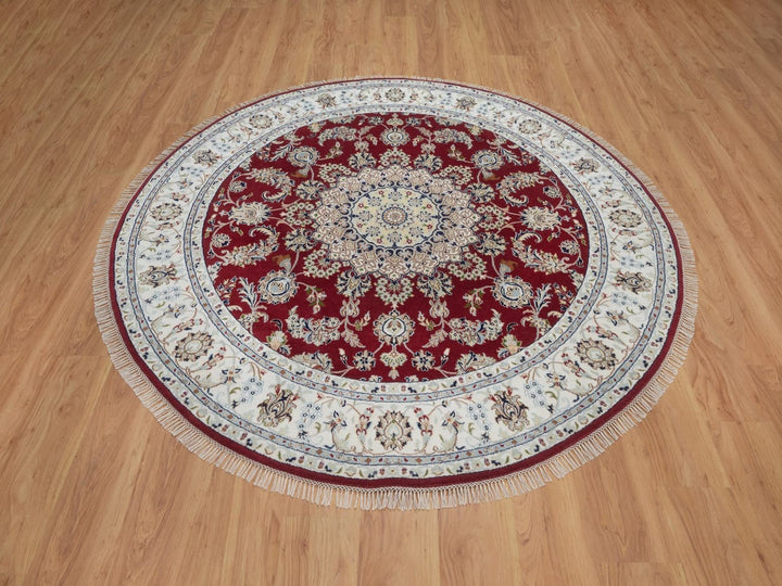 7'0" x 7'0" New Hand Knotted Red Wool & Silk Round Oriental Rug - MOA10292556