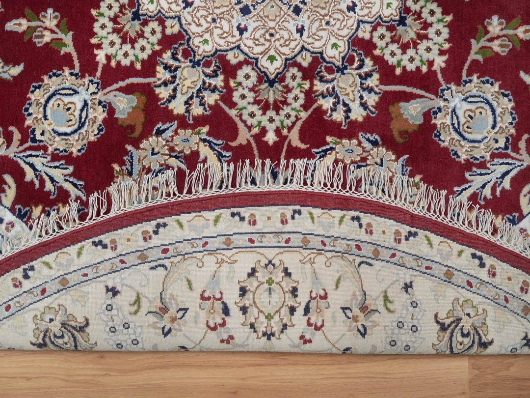 7'0" x 7'0" New Hand Knotted Red Wool & Silk Round Oriental Rug - MOA10292556