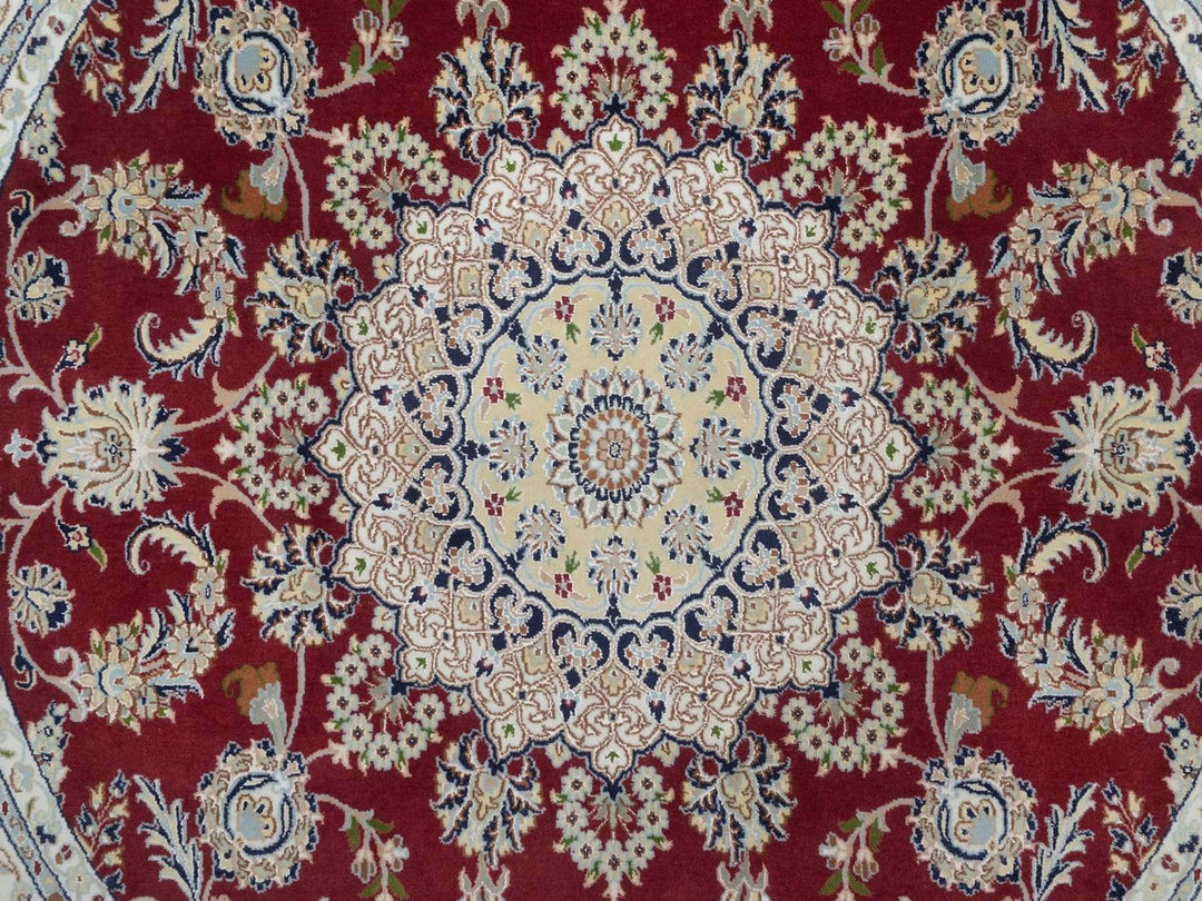 7'0" x 7'0" New Hand Knotted Red Wool & Silk Round Oriental Rug - MOA10292556