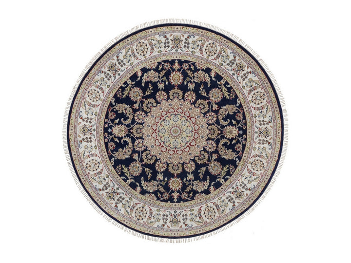 6'6" x 6'7" New Hand Knotted Blue Wool & Silk Round Oriental Rug - MOA10292557