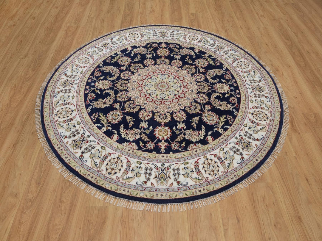 6'6" x 6'7" New Hand Knotted Blue Wool & Silk Round Oriental Rug - MOA10292557