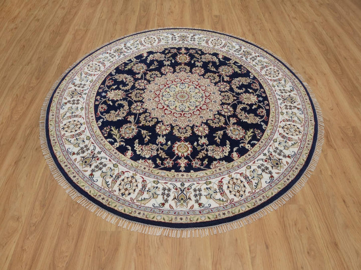 6'6" x 6'7" New Hand Knotted Blue Wool & Silk Round Oriental Rug - MOA10292557