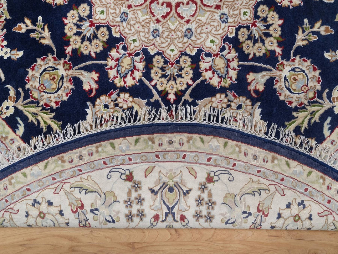 6'6" x 6'7" New Hand Knotted Blue Wool & Silk Round Oriental Rug - MOA10292557