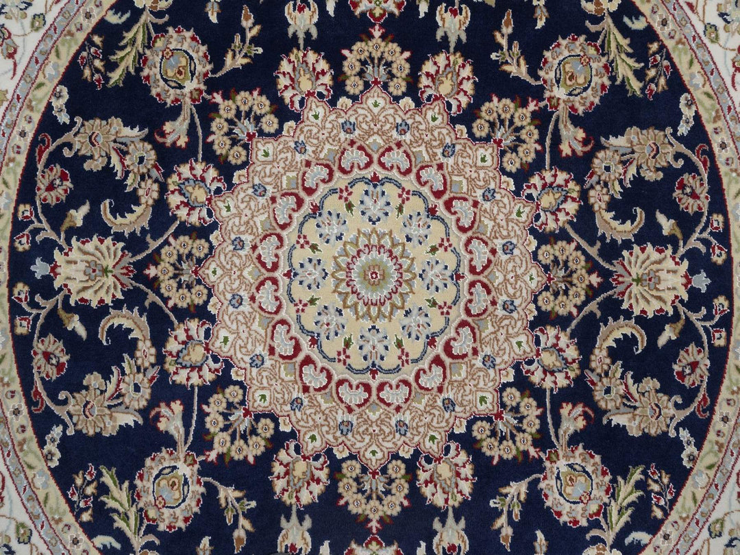 6'6" x 6'7" New Hand Knotted Blue Wool & Silk Round Oriental Rug - MOA10292557