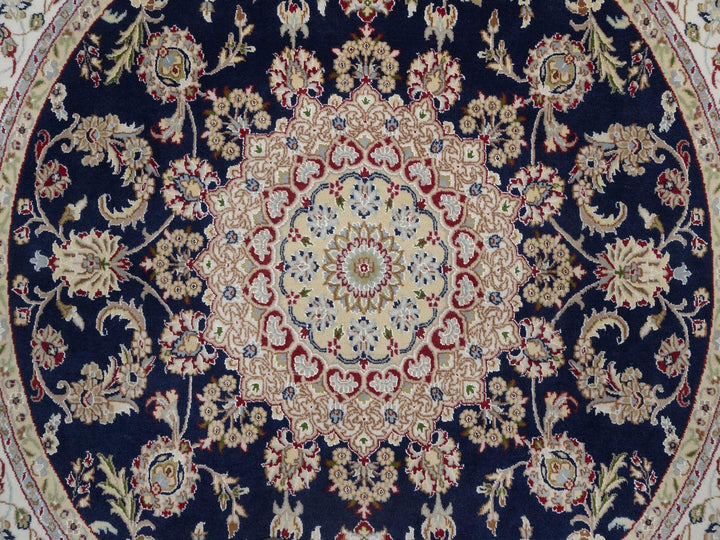 6'6" x 6'7" New Hand Knotted Blue Wool & Silk Round Oriental Rug - MOA10292557