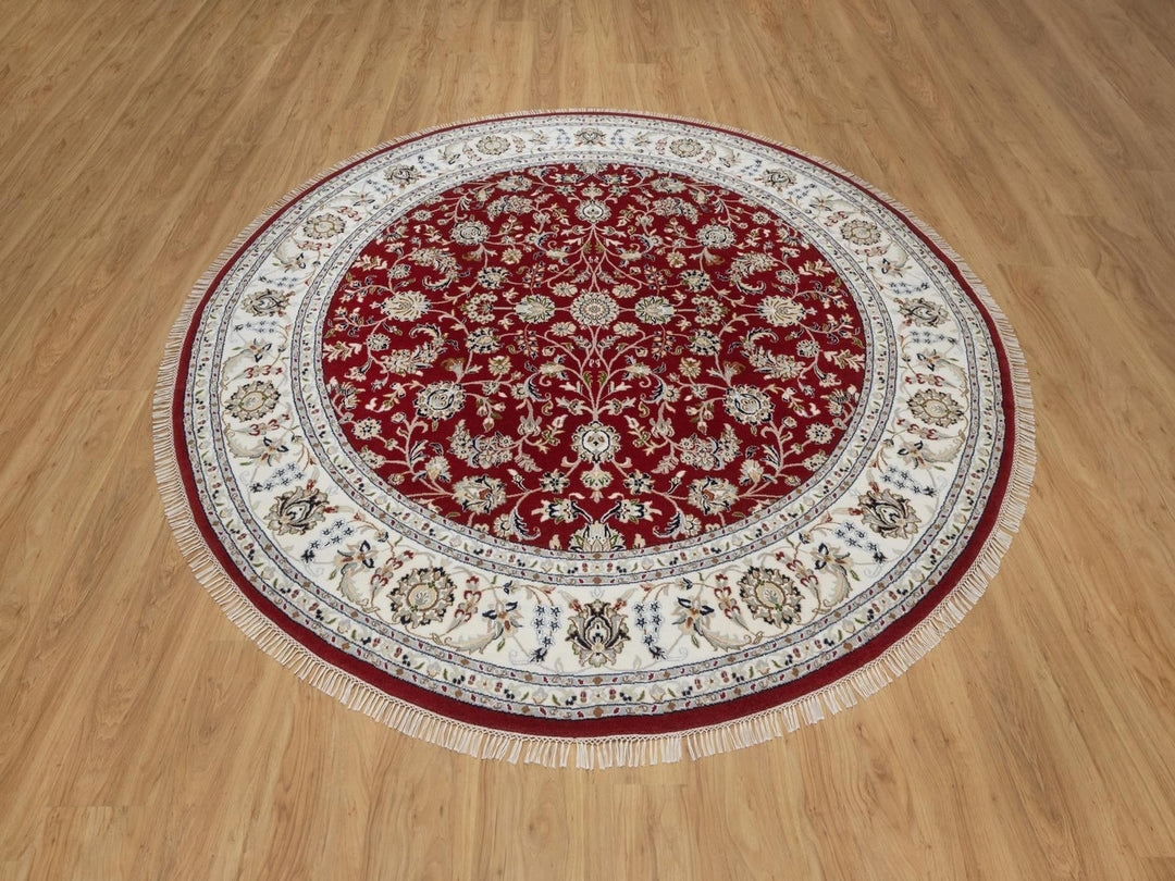 8'0" x 8'0" New Hand Knotted Red Wool & Silk Round Oriental Rug - MOA10292558