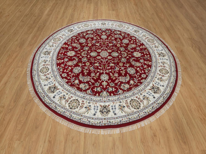 8'0" x 8'0" New Hand Knotted Red Wool & Silk Round Oriental Rug - MOA10292558
