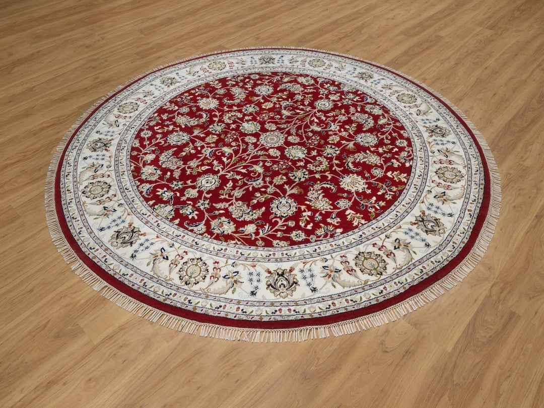 8'0" x 8'0" New Hand Knotted Red Wool & Silk Round Oriental Rug - MOA10292558