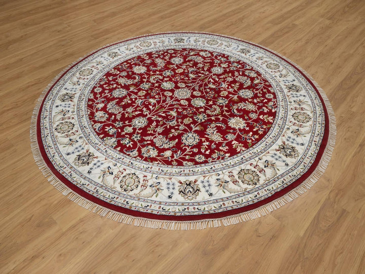 8'0" x 8'0" New Hand Knotted Red Wool & Silk Round Oriental Rug - MOA10292558
