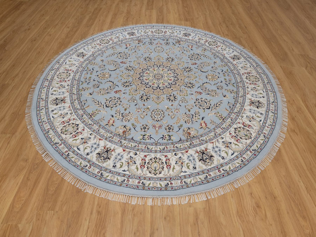 9'0" x 9'1" New Hand Knotted Blue Wool & Silk Round Oriental Rug - MOA10292559