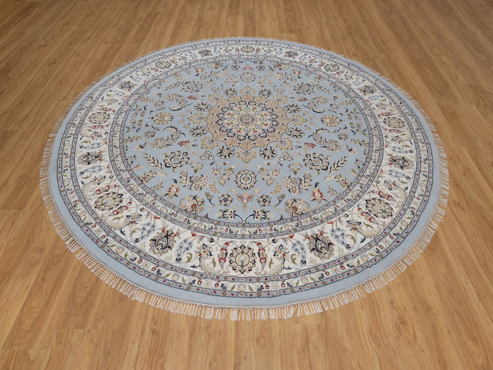 9'0" x 9'1" New Hand Knotted Blue Wool & Silk Round Oriental Rug - MOA10292559