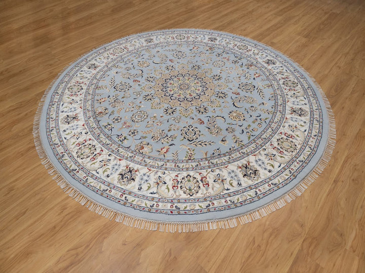 9'0" x 9'1" New Hand Knotted Blue Wool & Silk Round Oriental Rug - MOA10292559