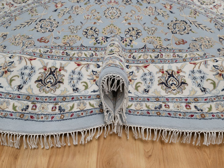 9'0" x 9'1" New Hand Knotted Blue Wool & Silk Round Oriental Rug - MOA10292559