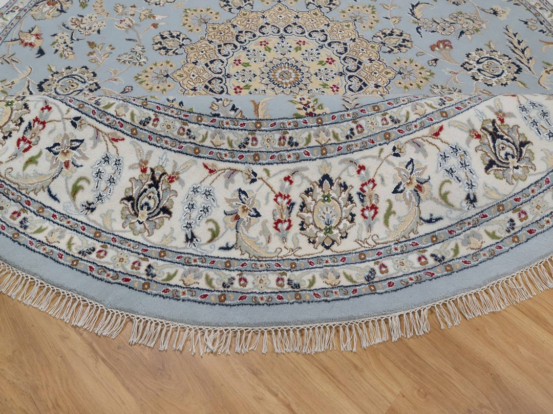 9'0" x 9'1" New Hand Knotted Blue Wool & Silk Round Oriental Rug - MOA10292559