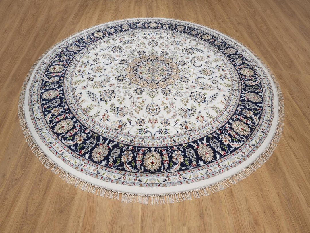 9'1" x 9'2" New Hand Knotted Ivory Wool & Silk Round Oriental Rug - MOA10292560