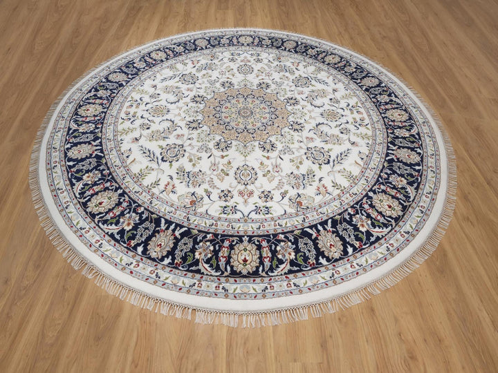 9'1" x 9'2" New Hand Knotted Ivory Wool & Silk Round Oriental Rug - MOA10292560
