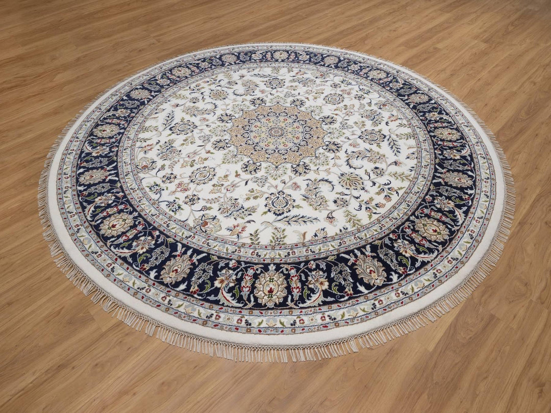 9'1" x 9'2" New Hand Knotted Ivory Wool & Silk Round Oriental Rug - MOA10292560