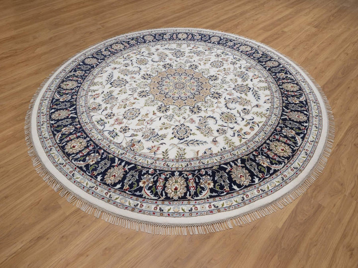 9'1" x 9'2" New Hand Knotted Ivory Wool & Silk Round Oriental Rug - MOA10292560
