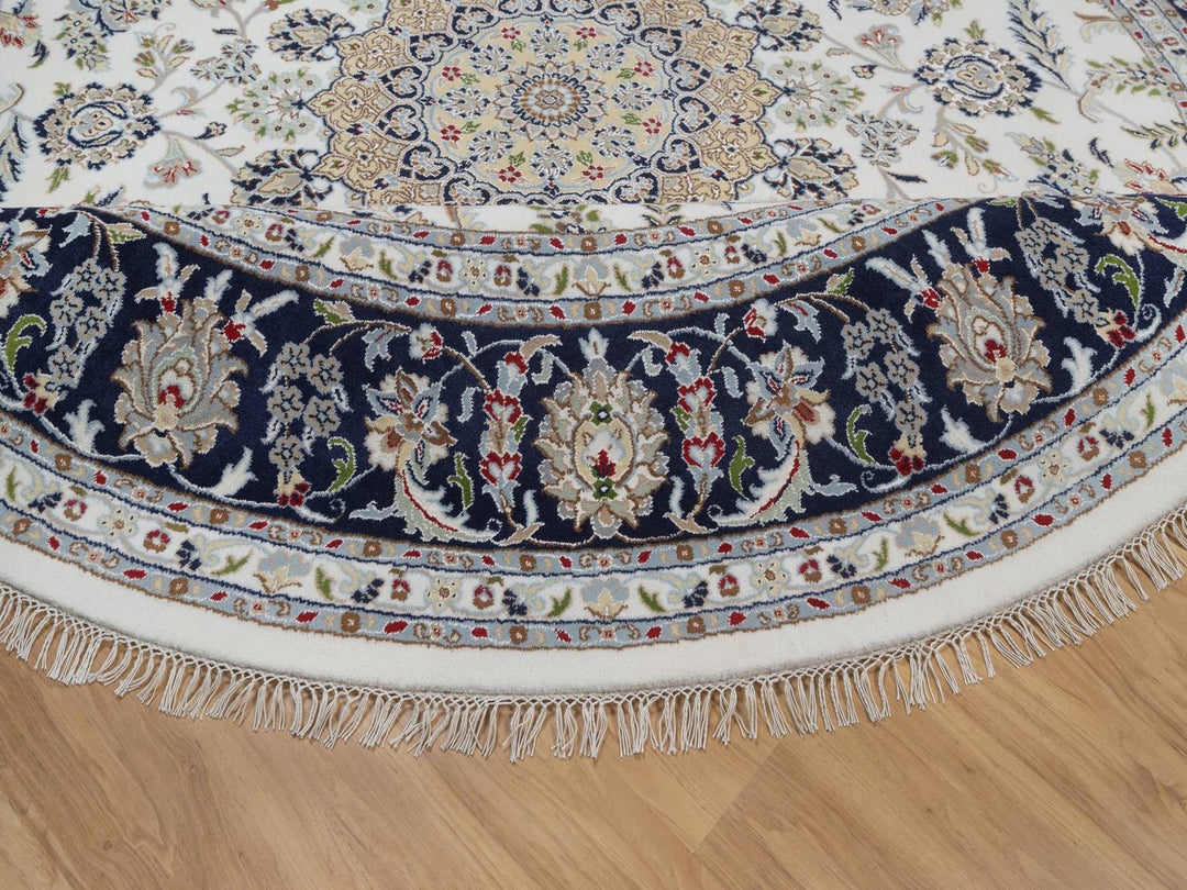 9'1" x 9'2" New Hand Knotted Ivory Wool & Silk Round Oriental Rug - MOA10292560