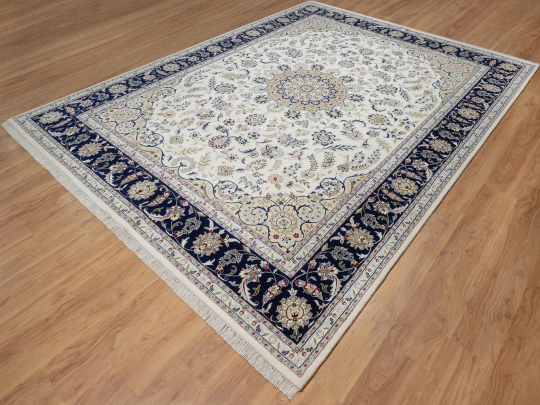 9'1" x 12'4" New Hand Knotted Ivory Wool & Silk Rectangle Oriental Rug - MOA10292564