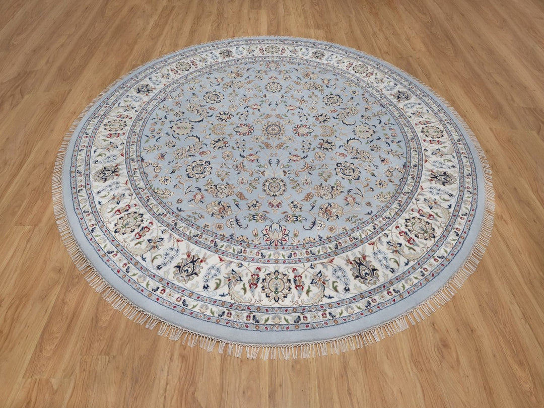 9'1" x 9'9" New Hand Knotted Blue Wool & Silk Round Oriental Rug - MOA10292566