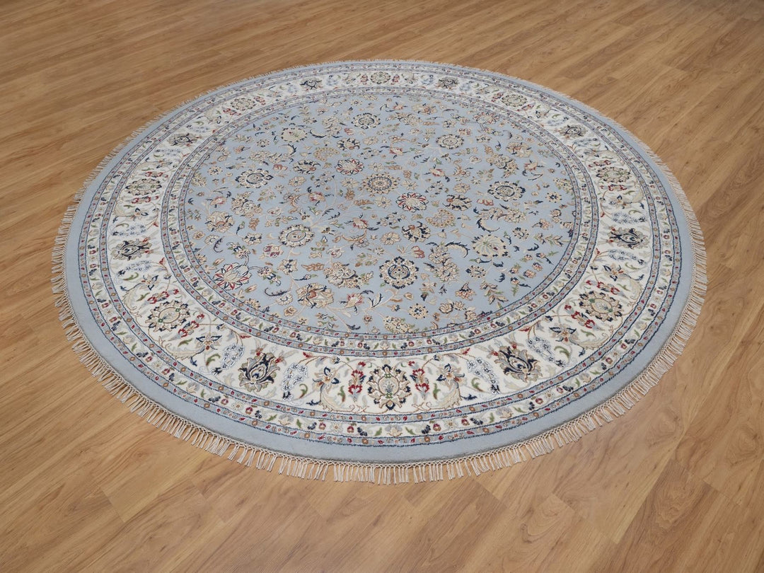 9'1" x 9'9" New Hand Knotted Blue Wool & Silk Round Oriental Rug - MOA10292566