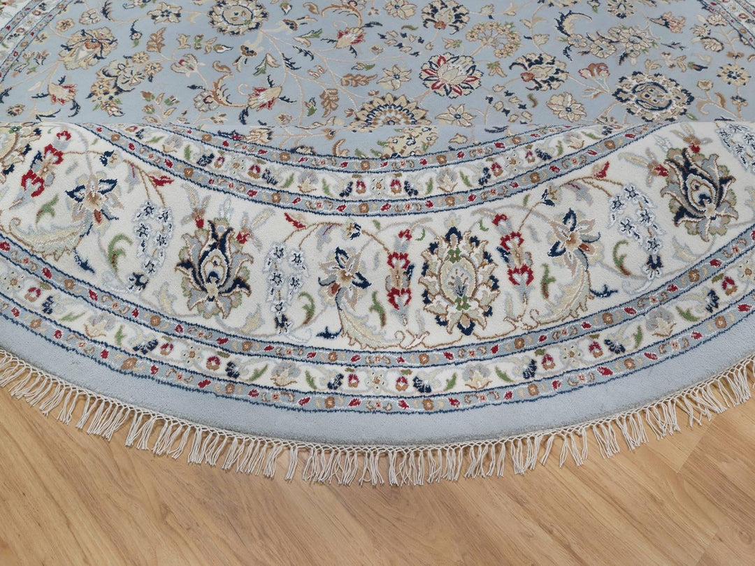 9'1" x 9'9" New Hand Knotted Blue Wool & Silk Round Oriental Rug - MOA10292566