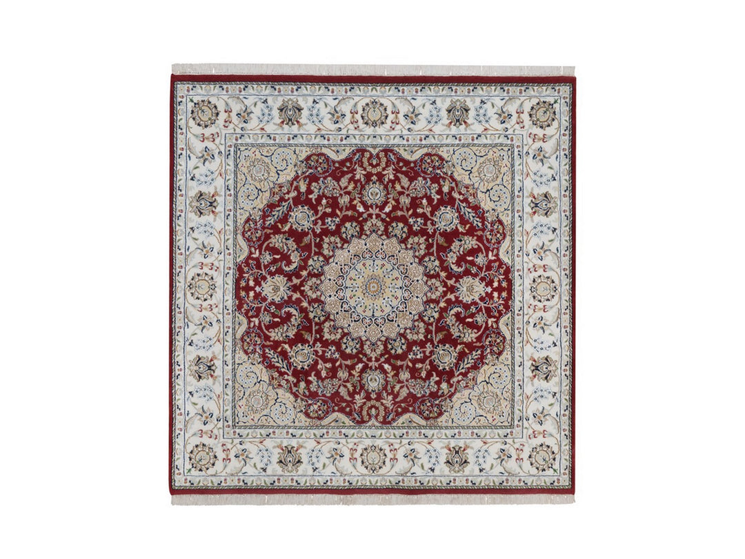 5'10" x 6'1" New Hand Knotted Red Wool & Silk Square Oriental Rug - MOA10292568