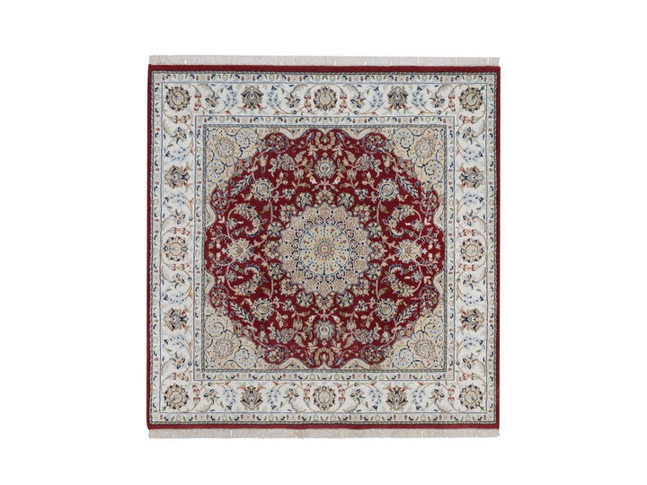 5'10" x 6'1" New Hand Knotted Red Wool & Silk Square Oriental Rug - MOA10292568