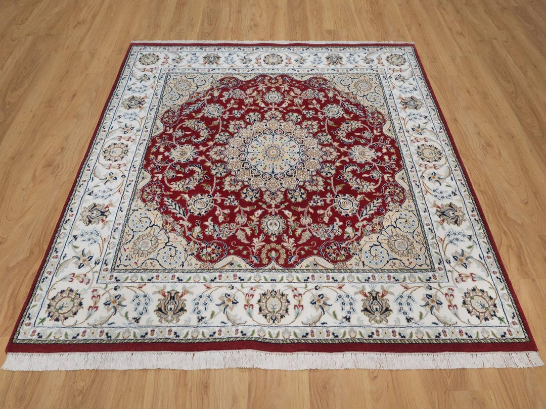5'10" x 6'1" New Hand Knotted Red Wool & Silk Square Oriental Rug - MOA10292568