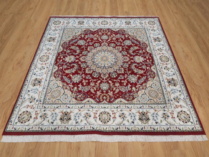 5'10" x 6'1" New Hand Knotted Red Wool & Silk Square Oriental Rug - MOA10292568