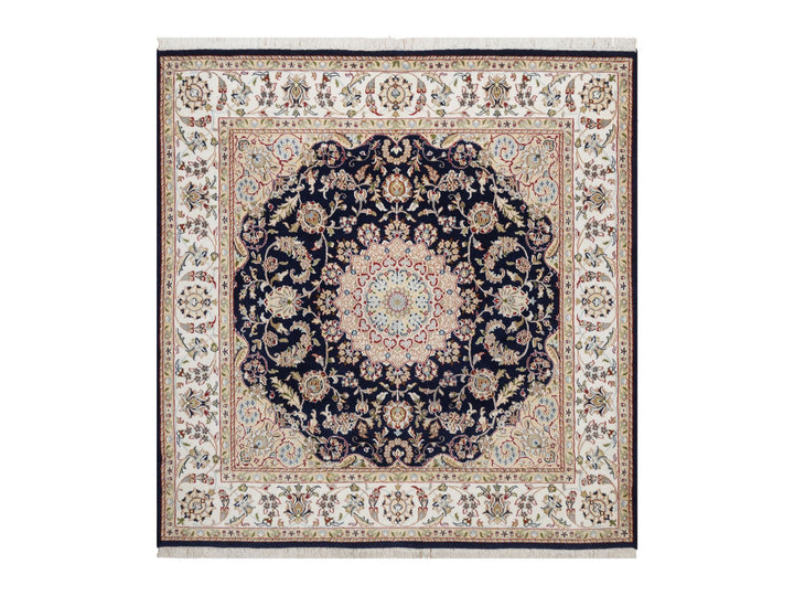 6'0" x 6'3" New Hand Knotted Blue Wool & Silk Square Oriental Rug - MOA10292569