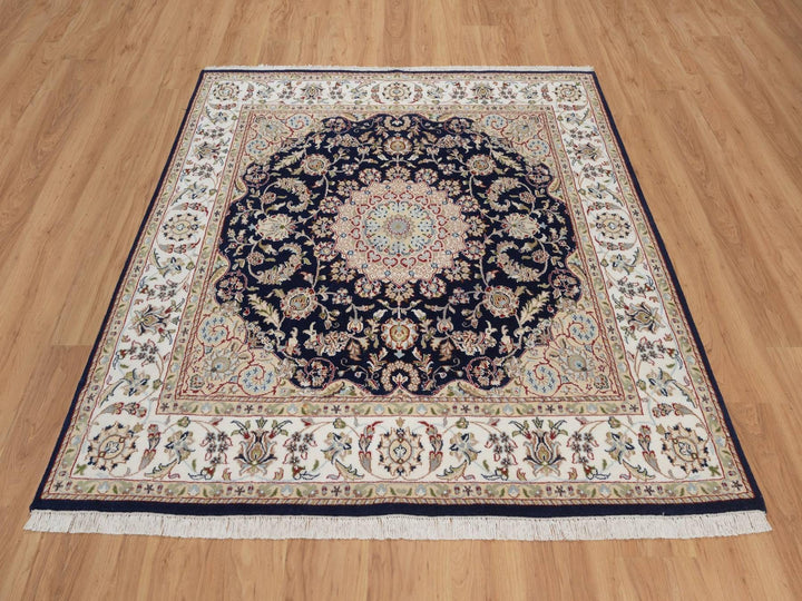 6'0" x 6'3" New Hand Knotted Blue Wool & Silk Square Oriental Rug - MOA10292569