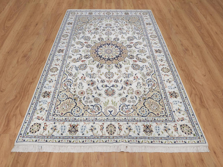 5'10" x 9'1" New Hand Knotted Ivory Wool & Silk Rectangle Oriental Rug - MOA10292572