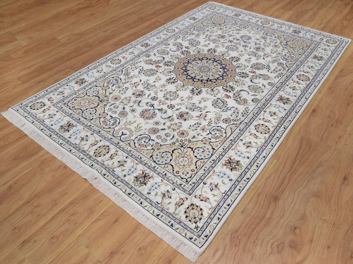 5'10" x 9'1" New Hand Knotted Ivory Wool & Silk Rectangle Oriental Rug - MOA10292572