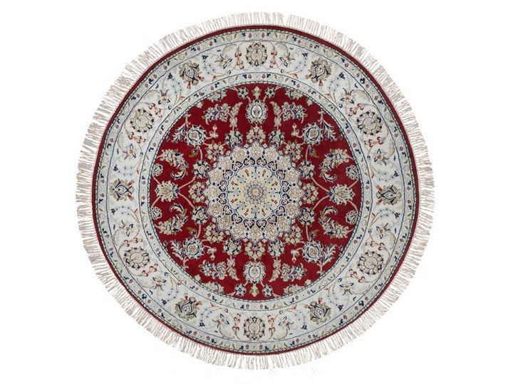 4'11" x 4'11" New Hand Knotted Red Wool & Silk Round Oriental Rug - MOA10292573