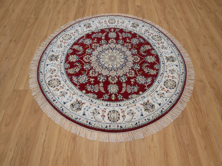 4'11" x 4'11" New Hand Knotted Red Wool & Silk Round Oriental Rug - MOA10292573