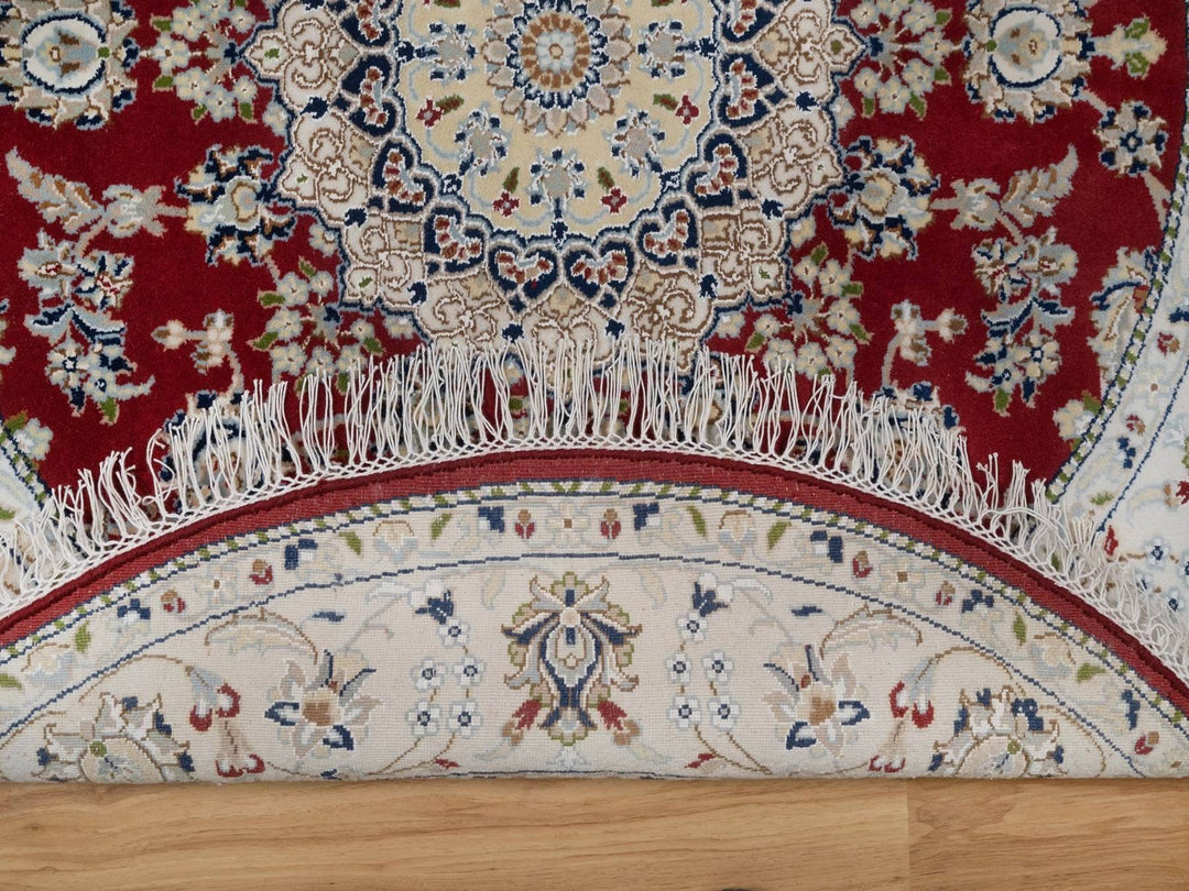 4'11" x 4'11" New Hand Knotted Red Wool & Silk Round Oriental Rug - MOA10292573