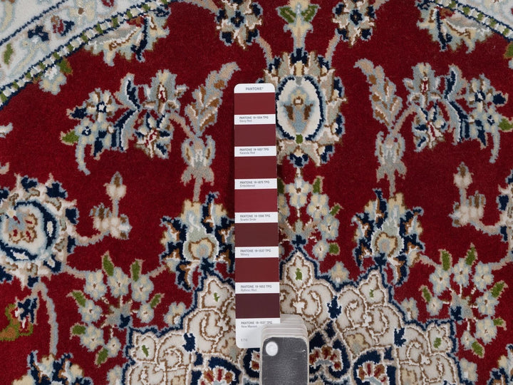 4'11" x 4'11" New Hand Knotted Red Wool & Silk Round Oriental Rug - MOA10292573