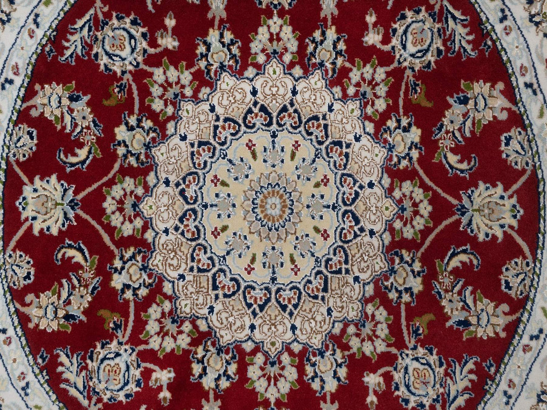 4'11" x 4'11" New Hand Knotted Red Wool & Silk Round Oriental Rug - MOA10292573
