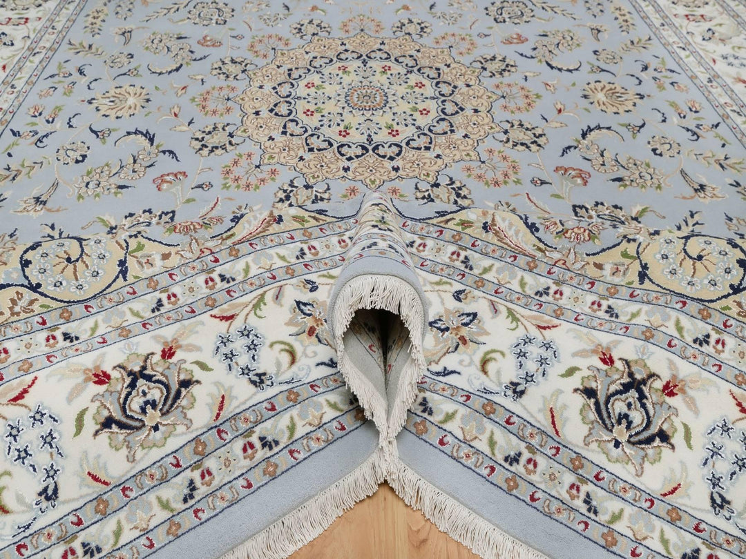9'9" x 14'3" New Hand Knotted Blue Wool & Silk Rectangle Oriental Rug - MOA10292575