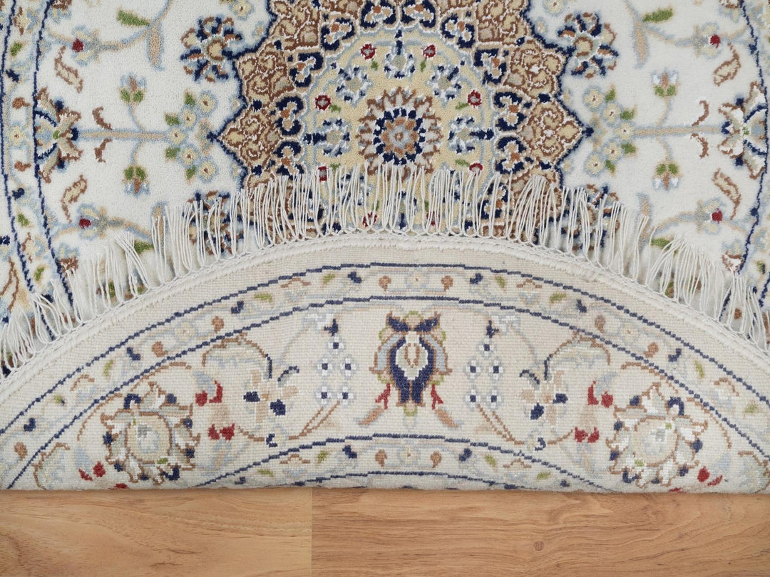 3'2" x 3'2" New Hand Knotted Ivory Wool & Silk Round Oriental Rug - MOA10292578