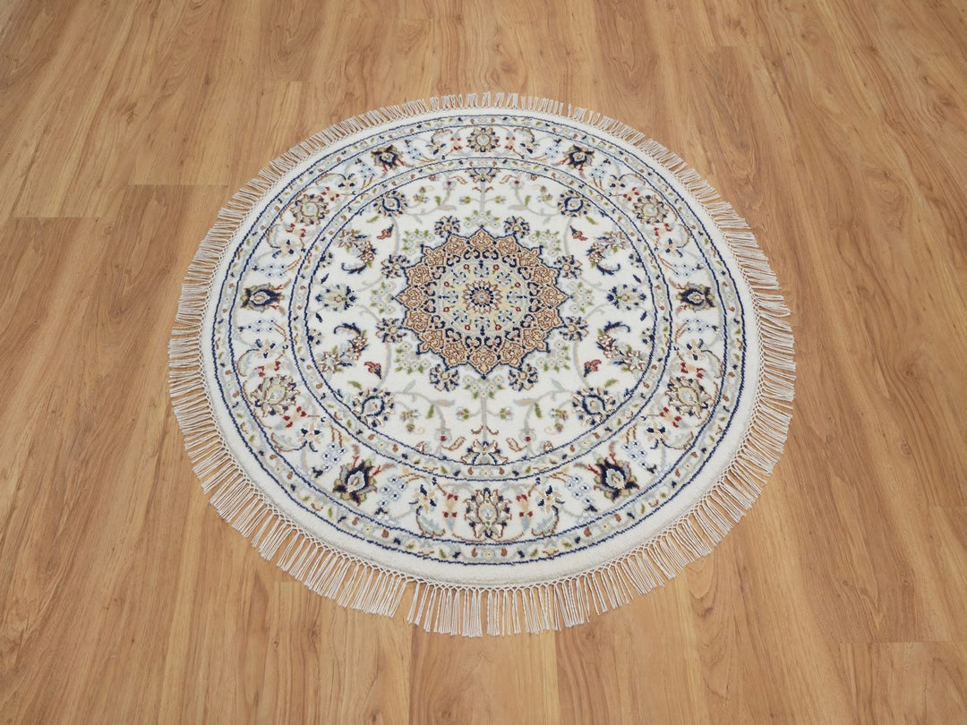 3'2" x 3'2" New Hand Knotted Ivory Wool & Silk Round Oriental Rug - MOA10292579
