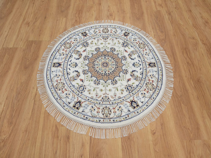 3'2" x 3'2" New Hand Knotted Ivory Wool & Silk Round Oriental Rug - MOA10292579