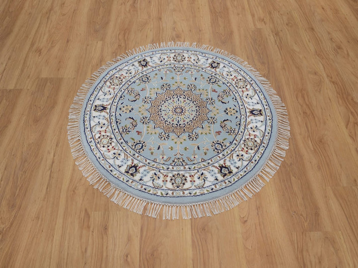 3'2" x 3'2" New Hand Knotted Blue Wool & Silk Round Oriental Rug - MOA10292580