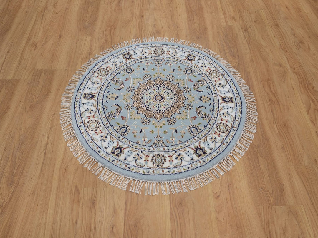 3'2" x 3'2" New Hand Knotted Blue Wool & Silk Round Oriental Rug - MOA10292581
