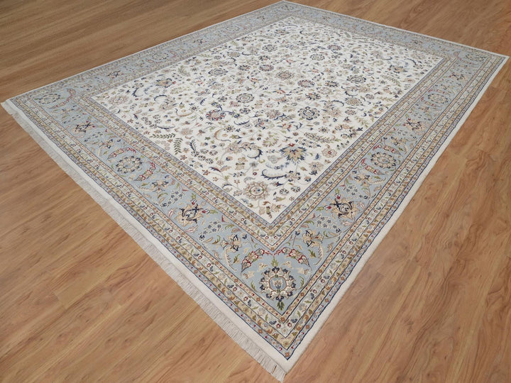 11'11" x 15'3" New Hand Knotted Ivory Wool & Silk Rectangle Oriental Rug - MOA10292582