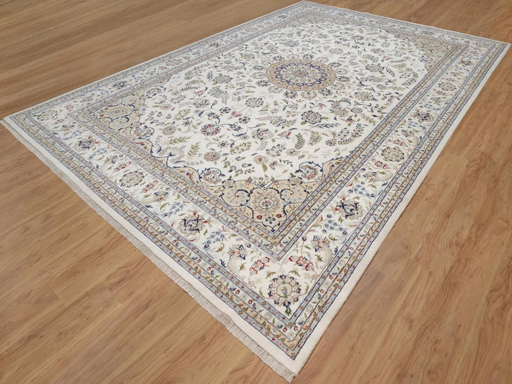 11'8" x 17'9" New Hand Knotted Ivory Wool & Silk Rectangle Oriental Rug - MOA10292583