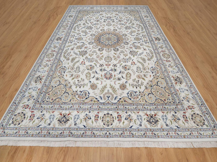 9'7" x 13'11" New Hand Knotted Ivory Wool & Silk Rectangle Oriental Rug - MOA10292584
