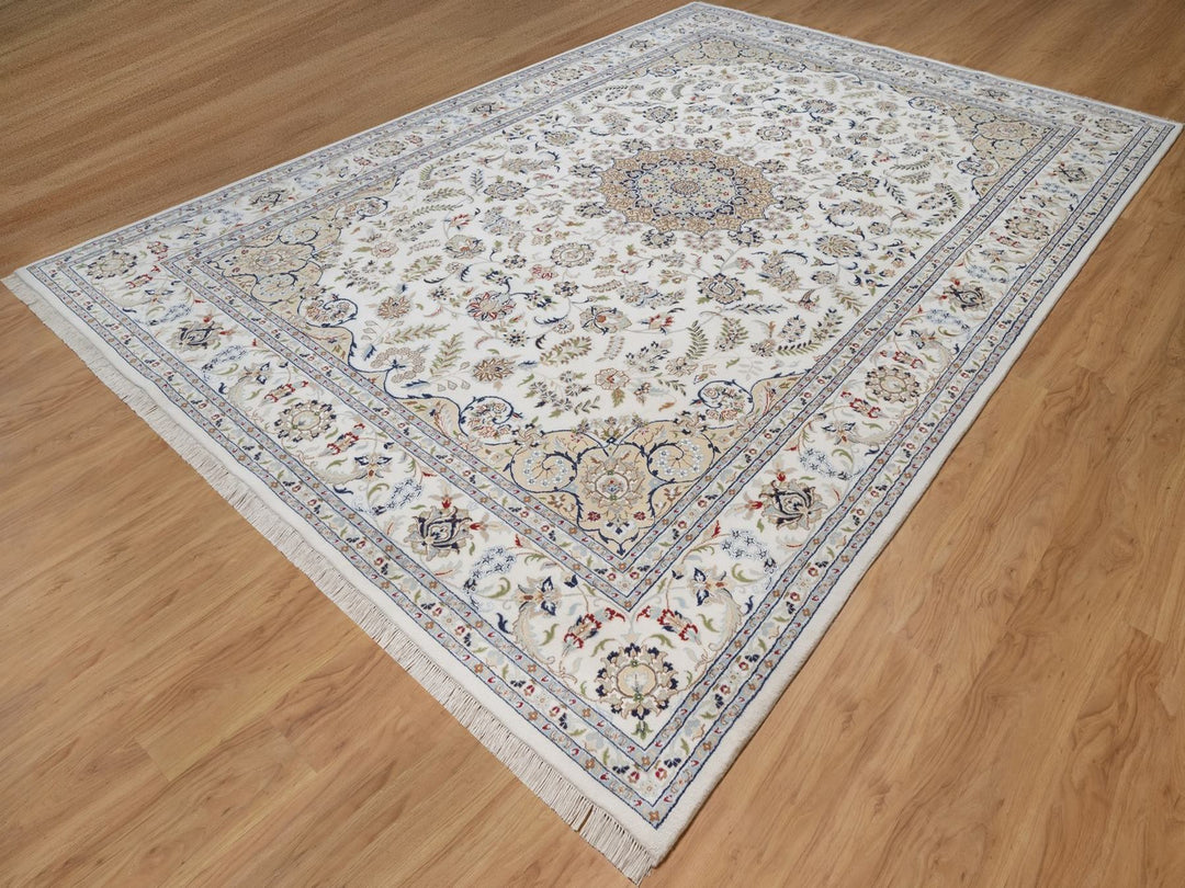 9'7" x 13'11" New Hand Knotted Ivory Wool & Silk Rectangle Oriental Rug - MOA10292584